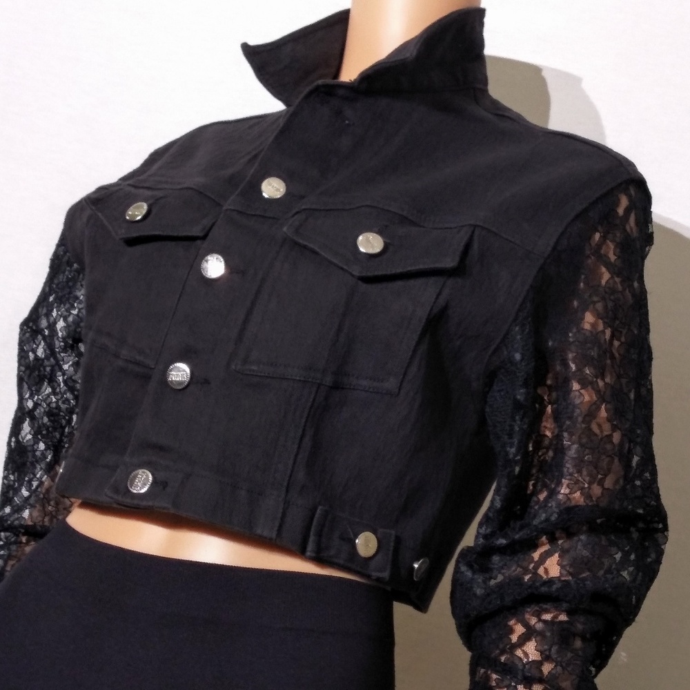 80's Vintage Stretch Denim & Lace Crop Jacket